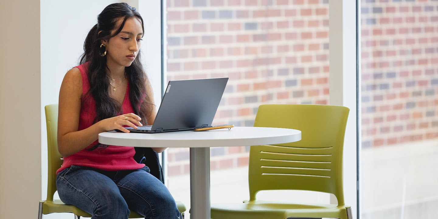 A Central Piedmont Student at the Harper Campus working on a laptop