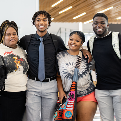 Students outside of Library