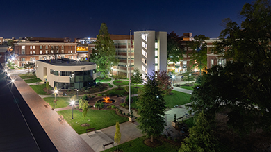 A night shot of the quad on Central Campus