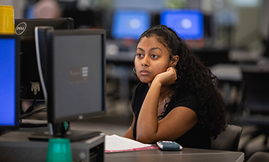 Woman with hand on face looking at computer screen
