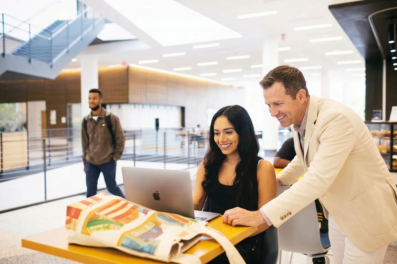 An adviser leaning in to help a student working at a laptop in the campus commons