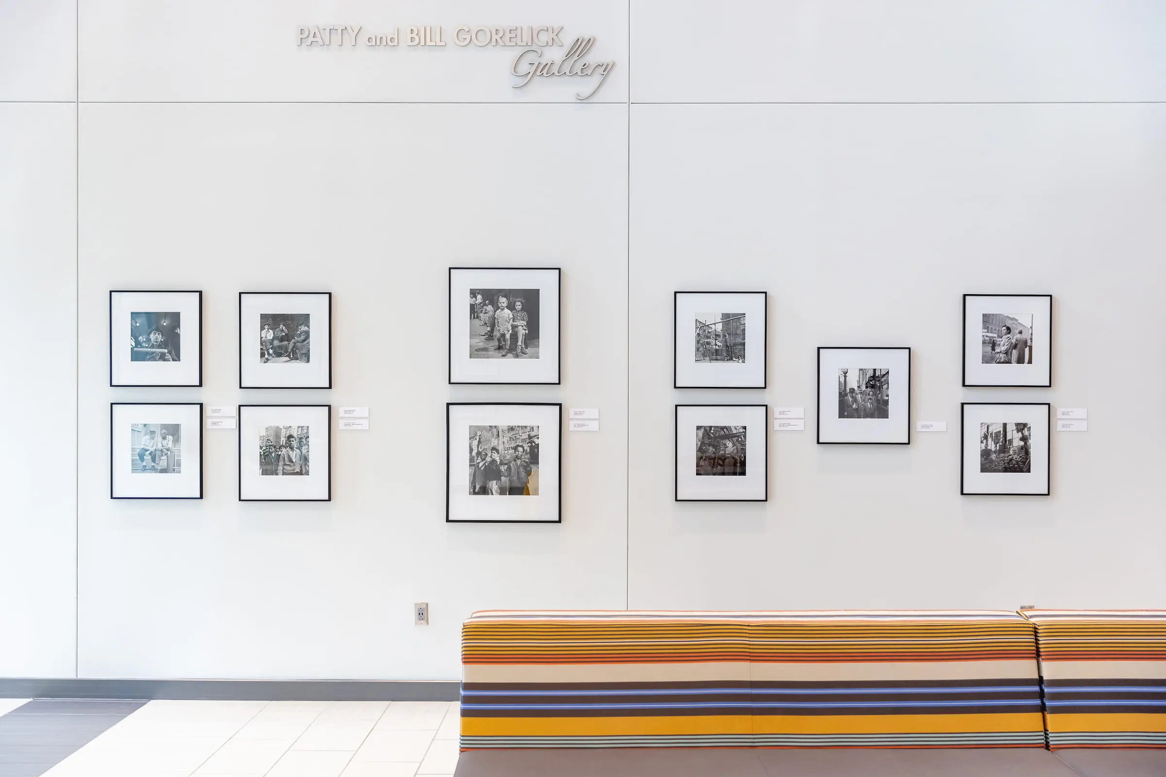 Black-and-white photographs on display in the Gorelick gallery