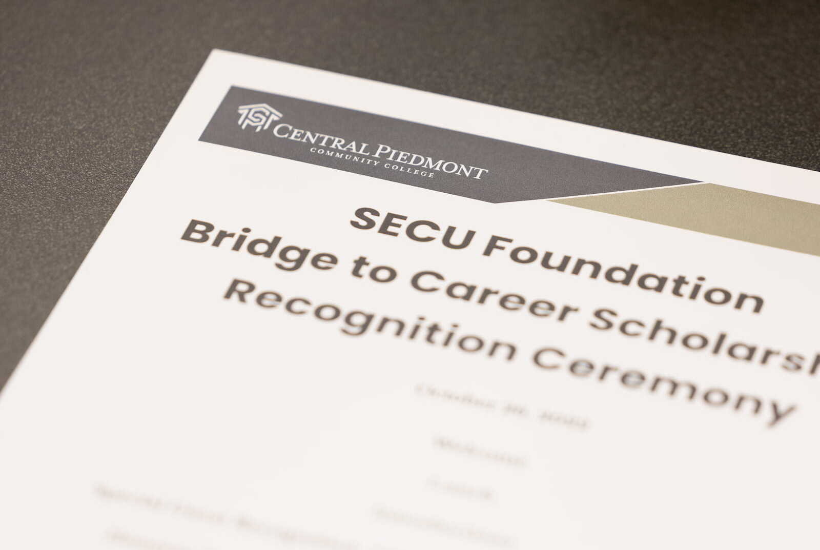 Printed programme for the SECU Foundation Bridge to Career Scholarship recognition ceremony