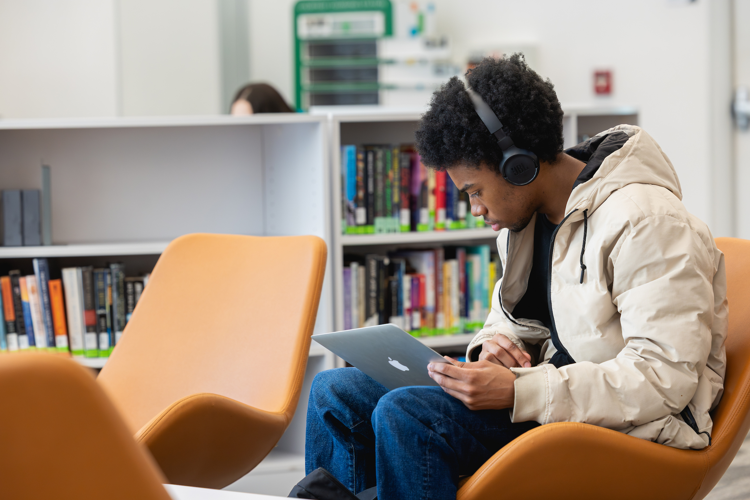 A Central Piedmont student in the library on the first day of class, spring 2026