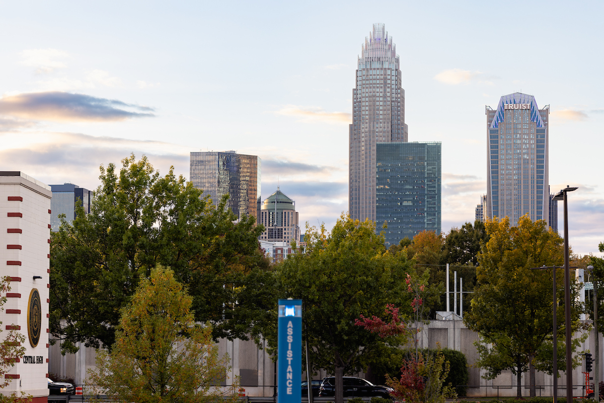 Lanscape photo of the Charlotte skylight taken from Central Campus