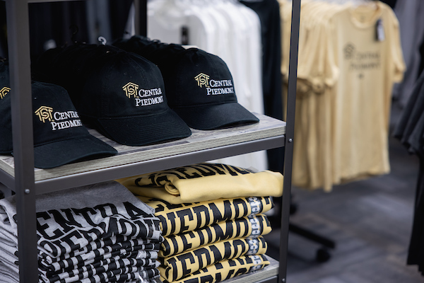 Central Piedmont Community College hats and sweatshirts for sale at the campus store on Central Campus.
