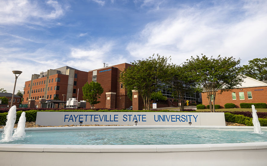 Fayetteville State University entrance sign and fountain
