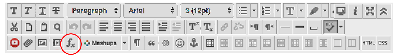 Bb Math Bar with red circled indicating math button. Blackboard Math Bar with red circled indicating math button.