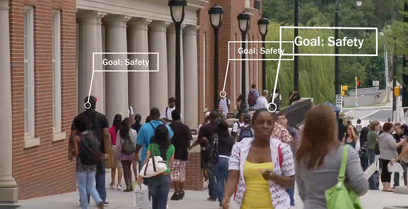 Students walking between columned campus buildings, overlaid with repeated "Goal: Safety" labels
