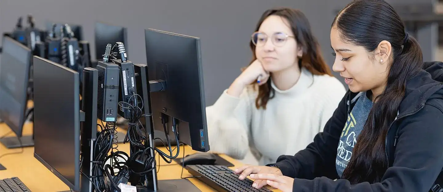 Two students working together at a multi-monitor computer workstation
