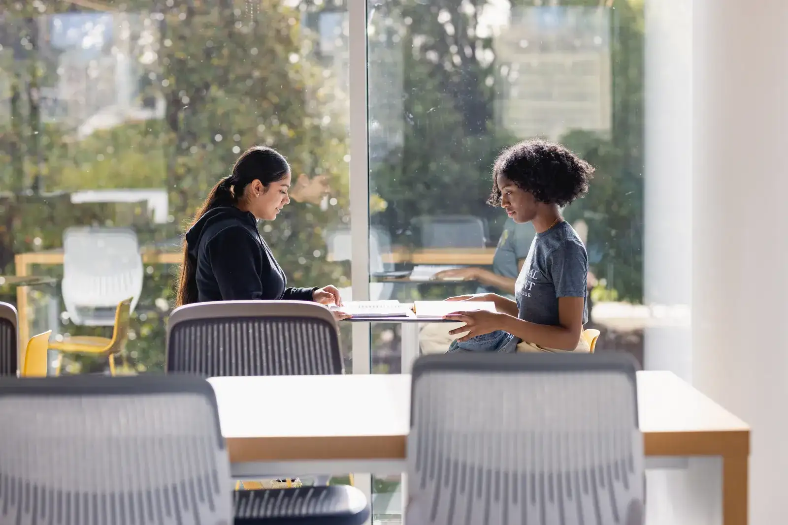 Two students sitting at a table together in the sunlit library.