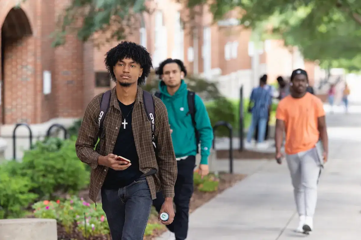 Students walking through campus on a sunny day