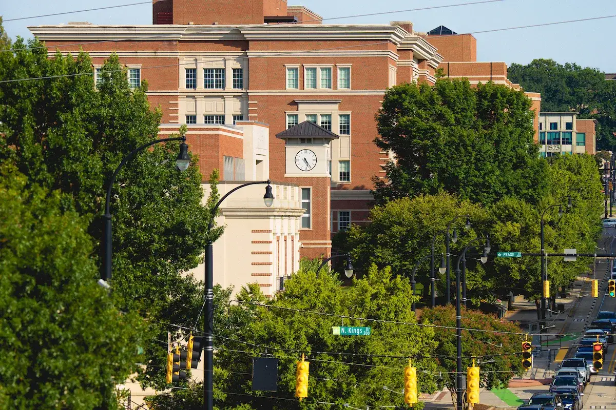 Clock tower framed by leafy trees