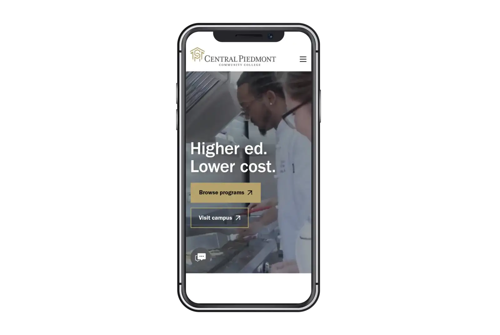 Central Piedmont's new website, www.cpcc.edu, in mobile view