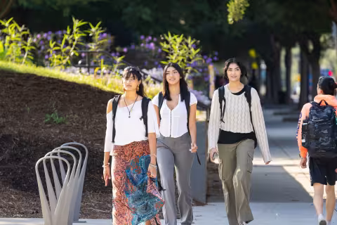 Three students walking together along a campus path