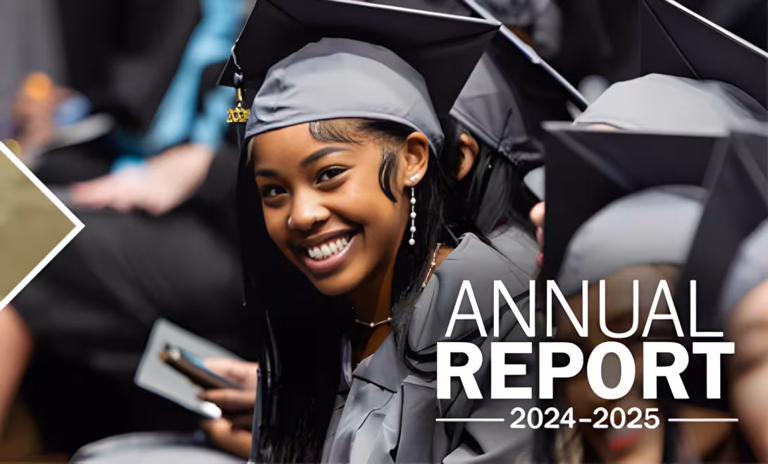 Annual Report 2024-2025 cover showing a smiling graduate