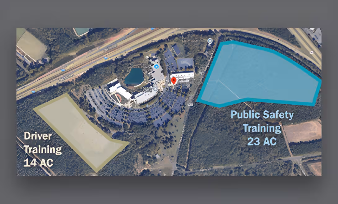 Aerial site map marking the Driver Training and Public Safety Training areas